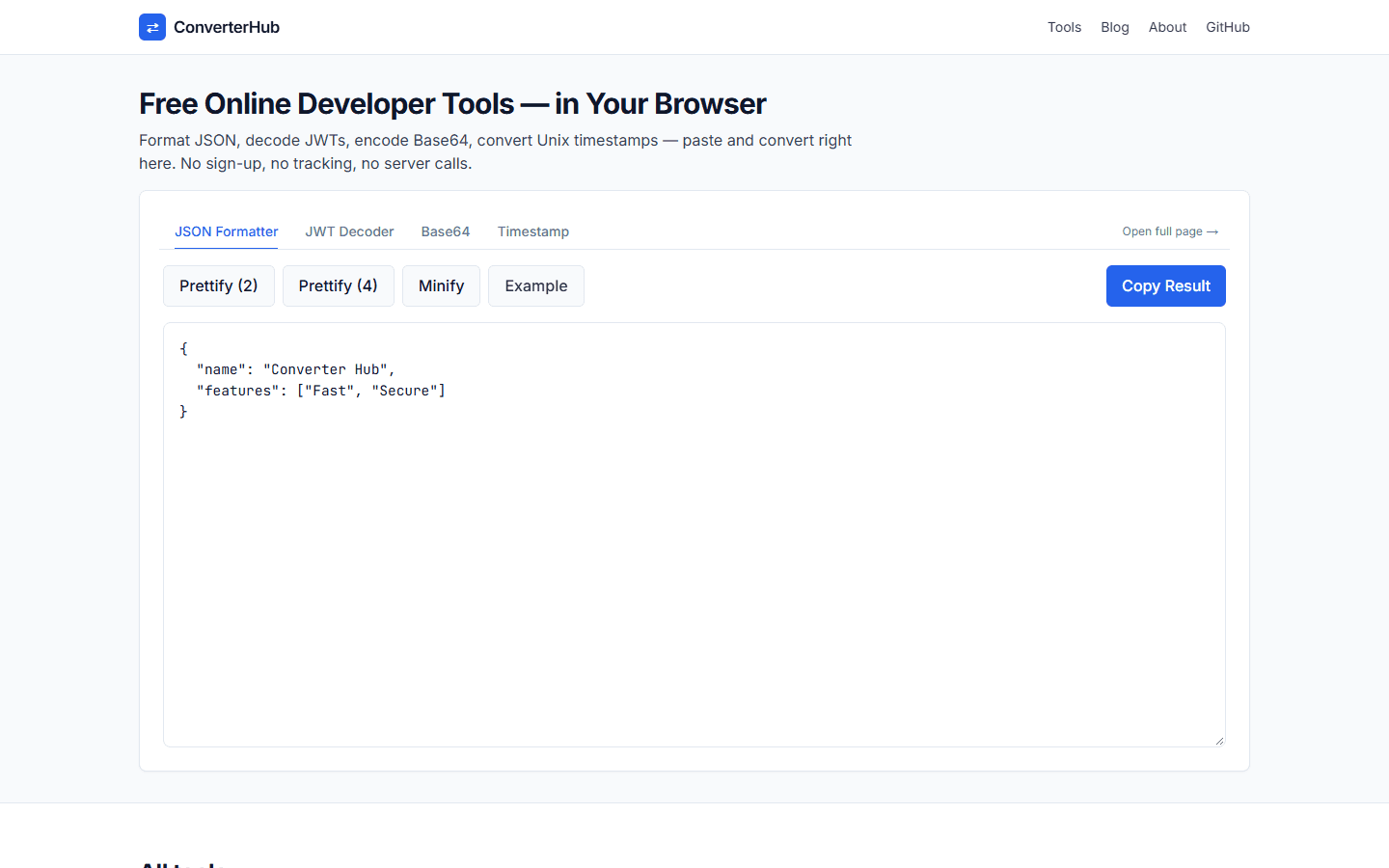 ConverterHub website with its JSON formatter showing the site's built-in example