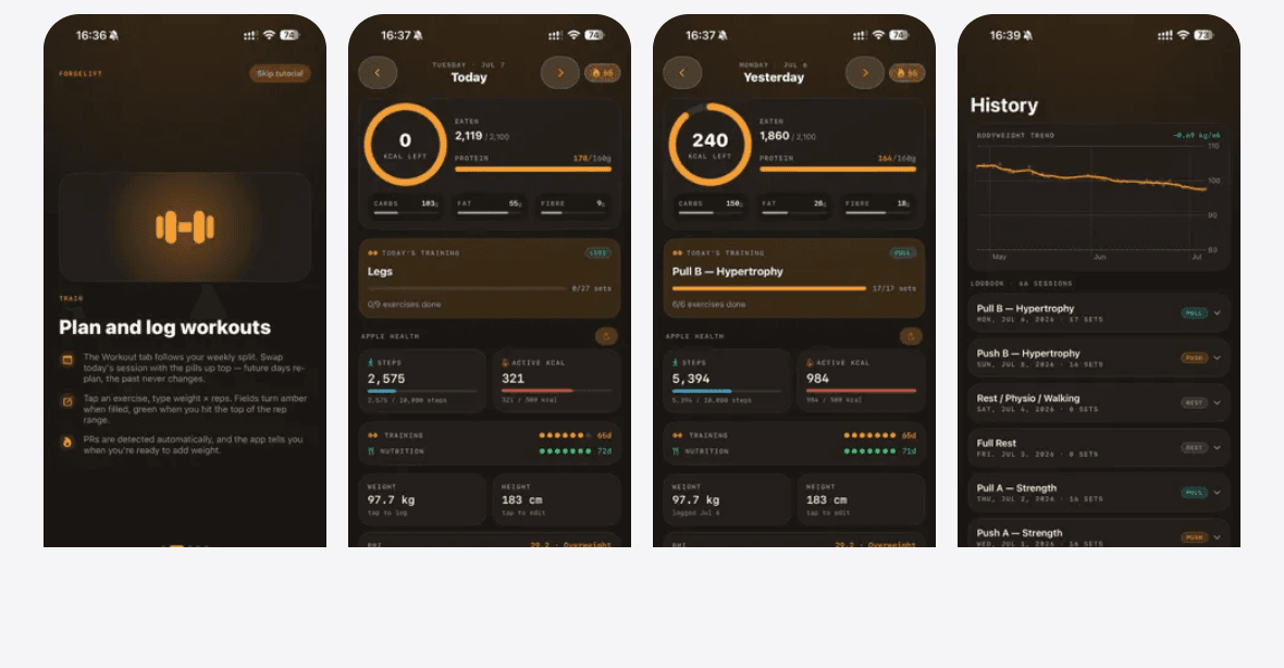 Published ForgeLift iPhone screenshots showing workout onboarding, daily nutrition and training, and workout history