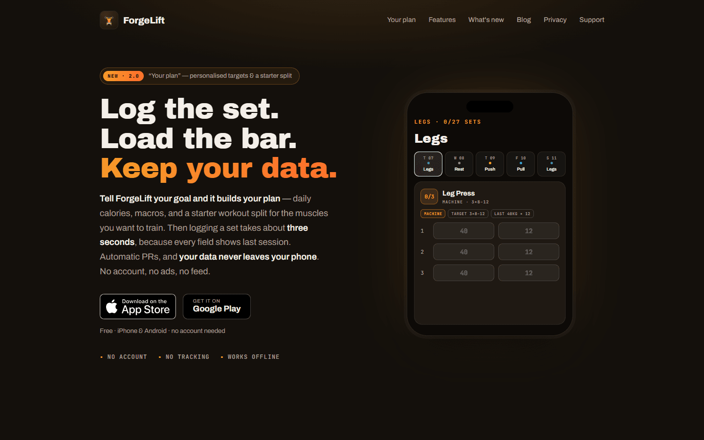 ForgeLift product website showing a workout logging preview and links to the App Store and Google Play
