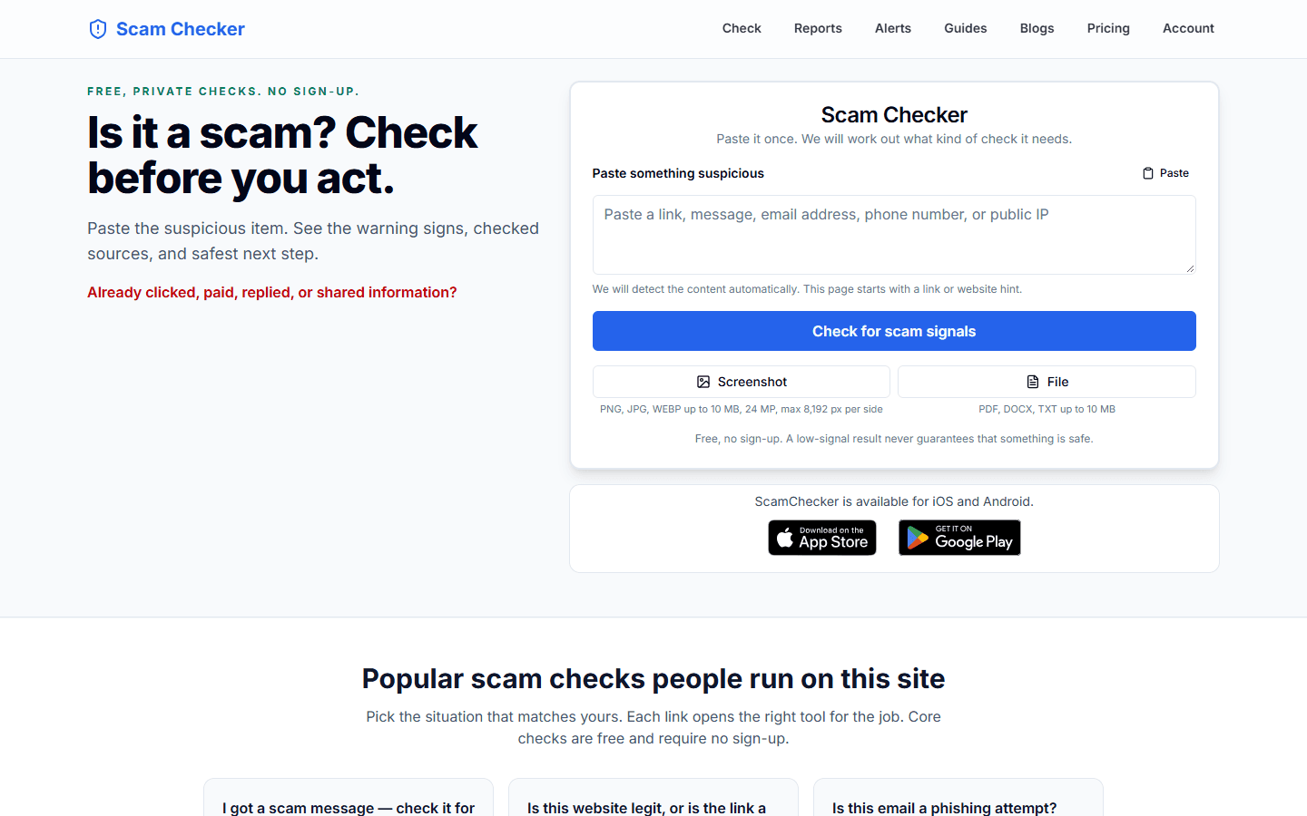 ScamChecker website with its message and link scanner, file inputs, and mobile app links